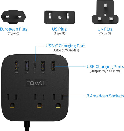 European Travel Plug Adapter,  EU UK US Power Strip with USB C and 4 USB Ports, 3 AC Outlets, Wall Mountable, 5Ft Extension Cord, Compact for Travel, Cruise Ship, Home Office (Black)