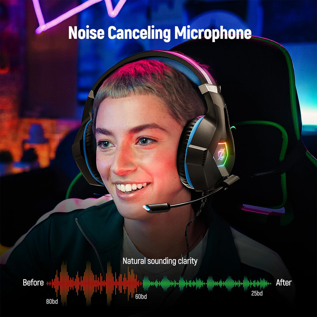 Ozeino Gaming Headset for PC, Ps4, Ps5, Xbox Headset with 7.1 Surround Sound, Gaming Headphones with Noise Cancelling Mic RGB Light over Ear Headphones for Xbox Series X/S, Switch-Blue
