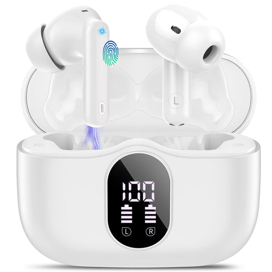 Wireless Earbuds, Bluetooth 5.4 Headphones Bass Stereo, Ear Buds with Noise Cancelling Mic, LED Display in Ear Earphones Clear Calls, IP7 Waterproof Bluetooth Earbuds for Phones/Sports/Laptop, Black