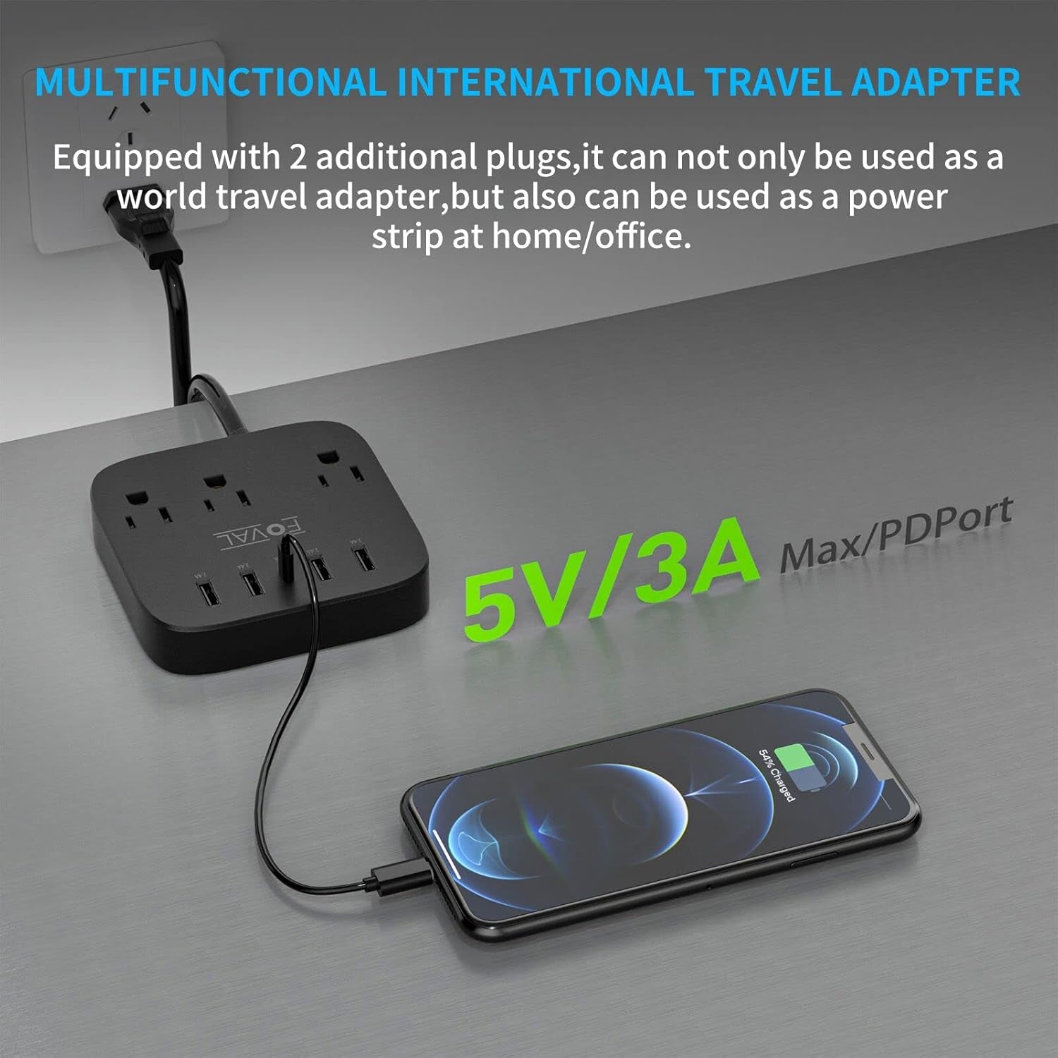 European Travel Plug Adapter,  EU UK US Power Strip with USB C and 4 USB Ports, 3 AC Outlets, Wall Mountable, 5Ft Extension Cord, Compact for Travel, Cruise Ship, Home Office (Black)