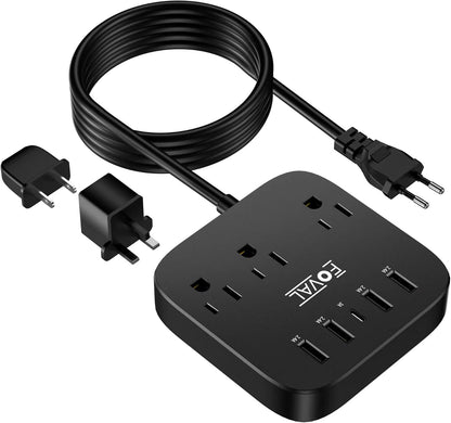 European Travel Plug Adapter,  EU UK US Power Strip with USB C and 4 USB Ports, 3 AC Outlets, Wall Mountable, 5Ft Extension Cord, Compact for Travel, Cruise Ship, Home Office (Black)