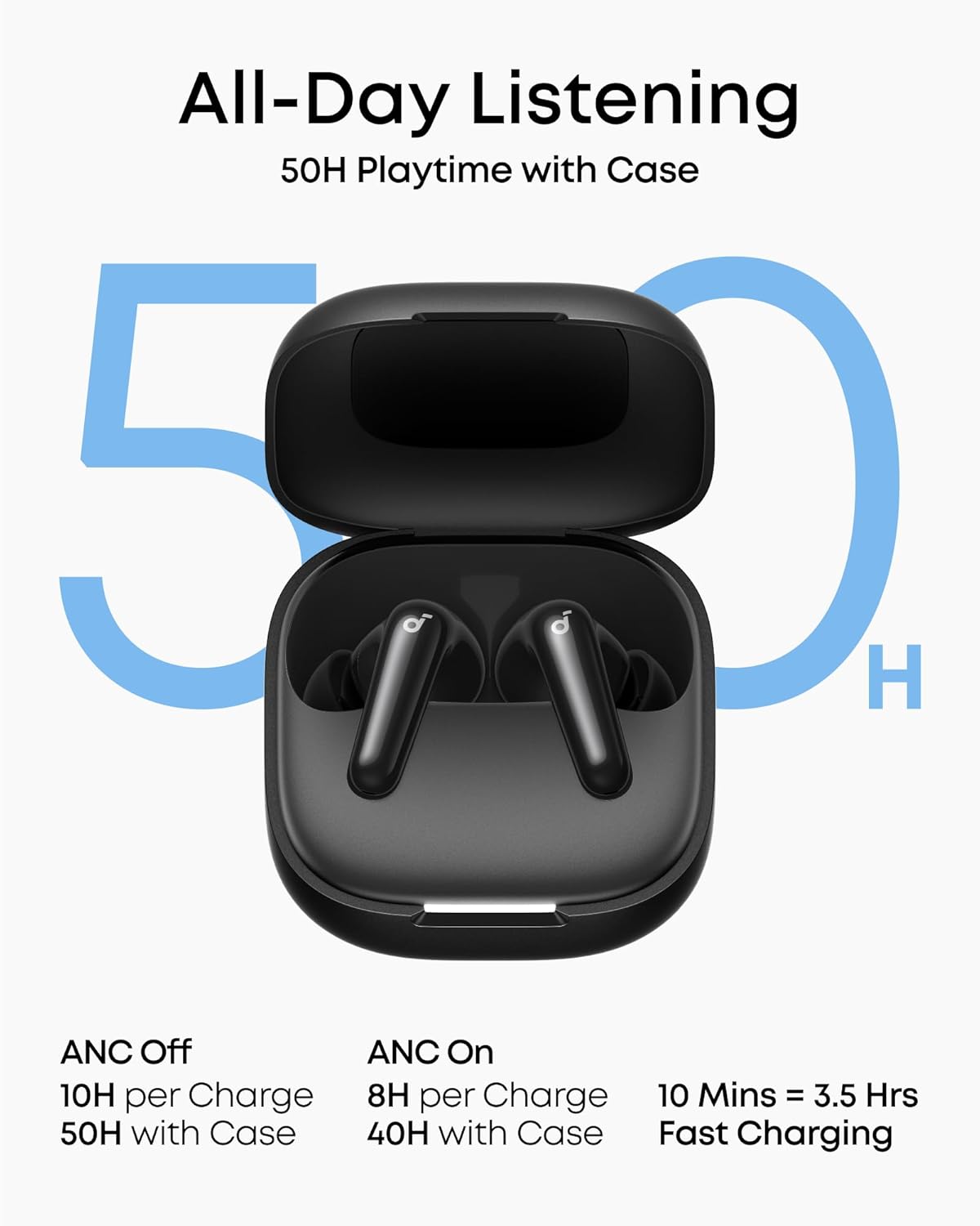 Soundcore P31I by Anker, Real-Time Adaptive Noise Cancelling, Hi-Res Sound, Translation Earbuds, 50H Playtime, Wireless Earbuds, Bluetooth Earphones, Spatial Audio, Fast Charging, IP55 (Black)