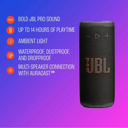 JBL Grip - Compact Bluetooth Speaker with Bold JBL Pro Sound and Ambient Light, up to 14 Hours of Playtime, Water, Dust and Drop-Proof (IP68), & Multi-Speaker Connection with Auracast™ (Black)