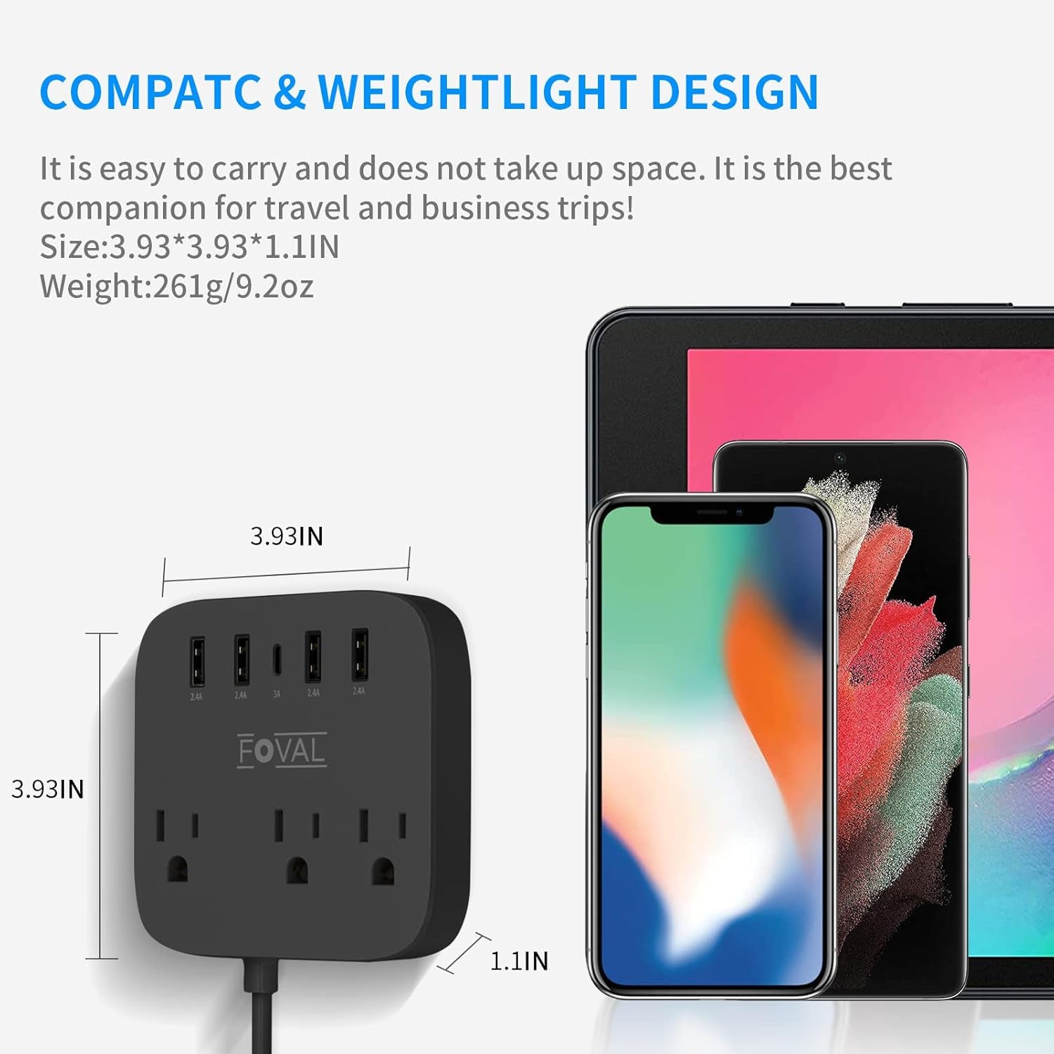 European Travel Plug Adapter,  EU UK US Power Strip with USB C and 4 USB Ports, 3 AC Outlets, Wall Mountable, 5Ft Extension Cord, Compact for Travel, Cruise Ship, Home Office (Black)