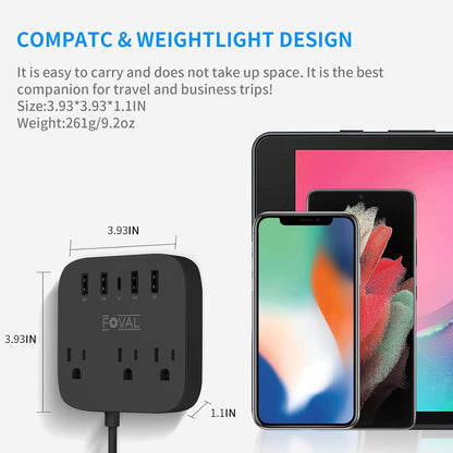 European Travel Plug Adapter,  EU UK US Power Strip with USB C and 4 USB Ports, 3 AC Outlets, Wall Mountable, 5Ft Extension Cord, Compact for Travel, Cruise Ship, Home Office (Black)