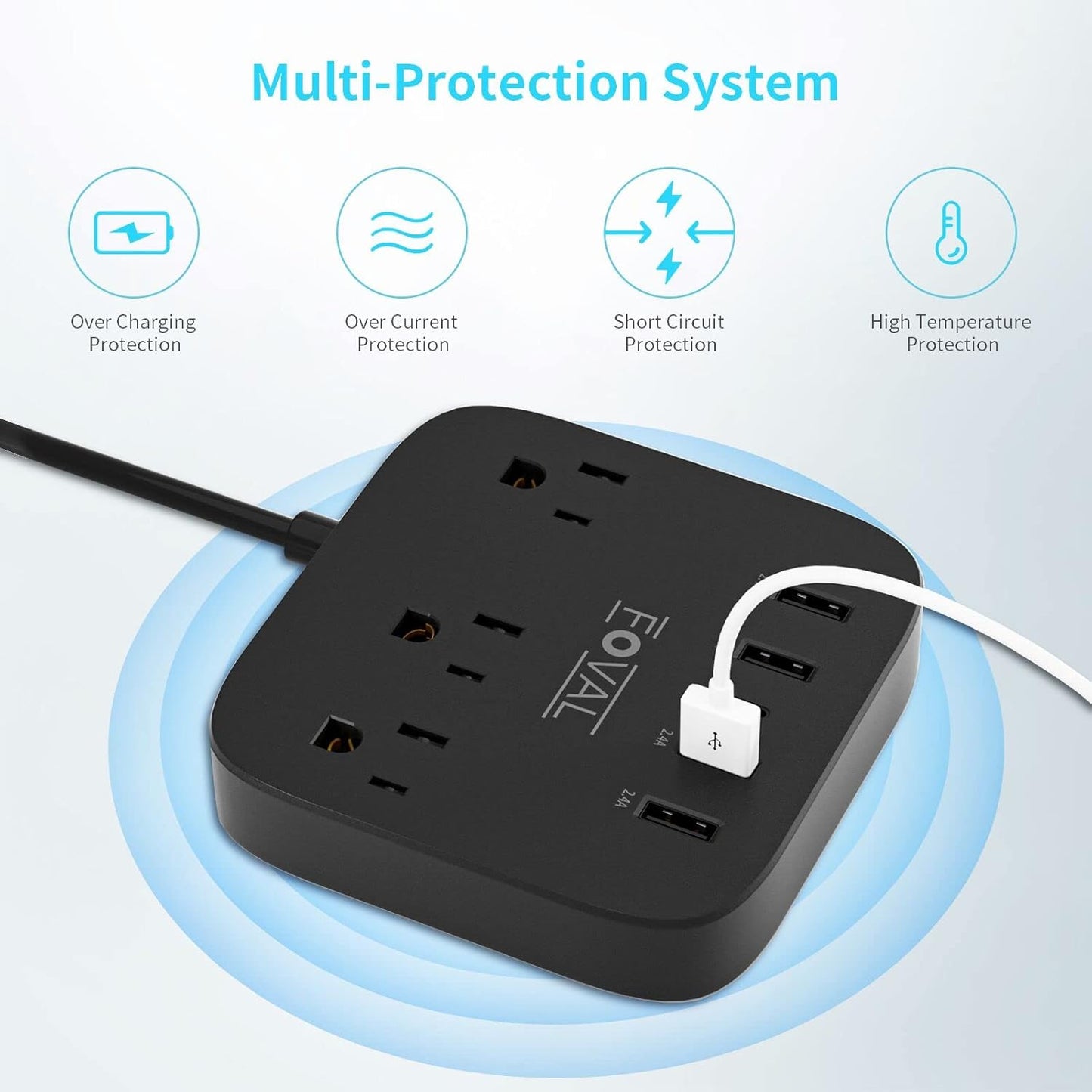 European Travel Plug Adapter,  EU UK US Power Strip with USB C and 4 USB Ports, 3 AC Outlets, Wall Mountable, 5Ft Extension Cord, Compact for Travel, Cruise Ship, Home Office (Black)