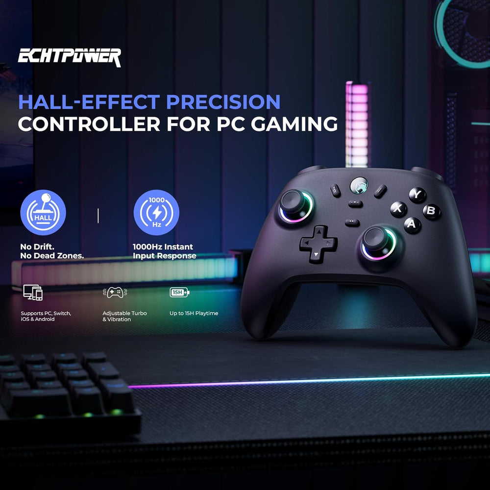 Echtpower Wireless PC Gaming Controller - Hall Effect Joystick, 2.4G & Wired 1000Hz Polling Rate, 800Mah Battery, Adjustable Turbo/Vibration - for Pc/Switch/Ios/Android