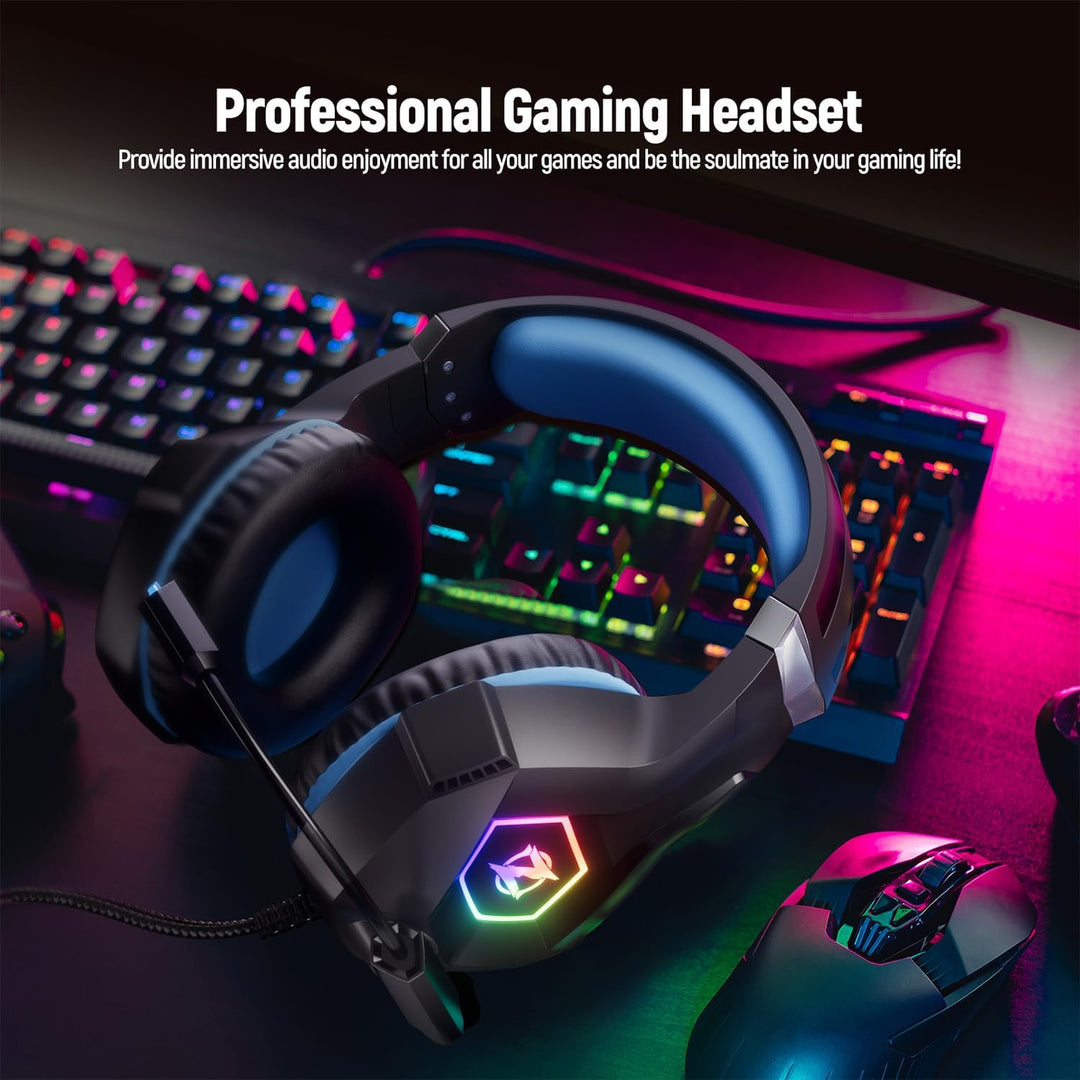 Ozeino Gaming Headset for PC, Ps4, Ps5, Xbox Headset with 7.1 Surround Sound, Gaming Headphones with Noise Cancelling Mic RGB Light over Ear Headphones for Xbox Series X/S, Switch-Blue