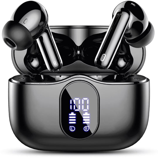 Wireless Earbuds, Bluetooth 5.4 Headphones Bass Stereo, Ear Buds with Noise Cancelling Mic, LED Display in Ear Earphones Clear Calls, IP7 Waterproof Bluetooth Earbuds for Phones/Sports/Laptop, Black